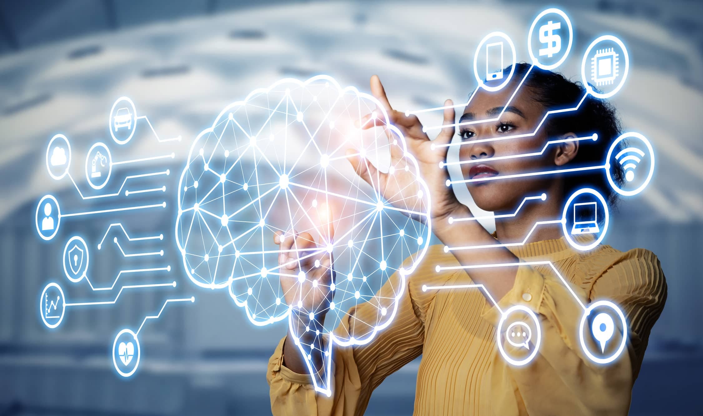 AI (Artificial Intelligence) concept. Electronic circuit. Communication network.