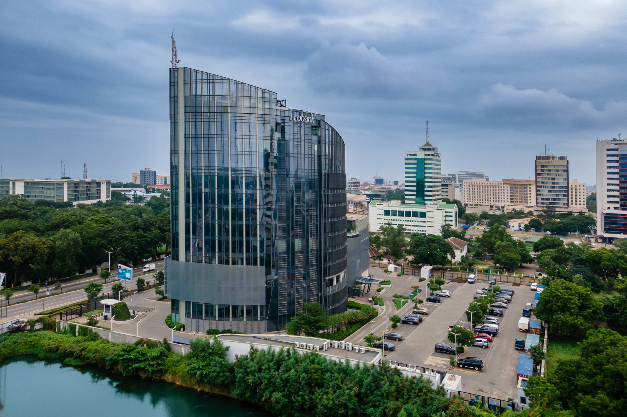 Tall business tower at the center of Accra with beautiful blue skies