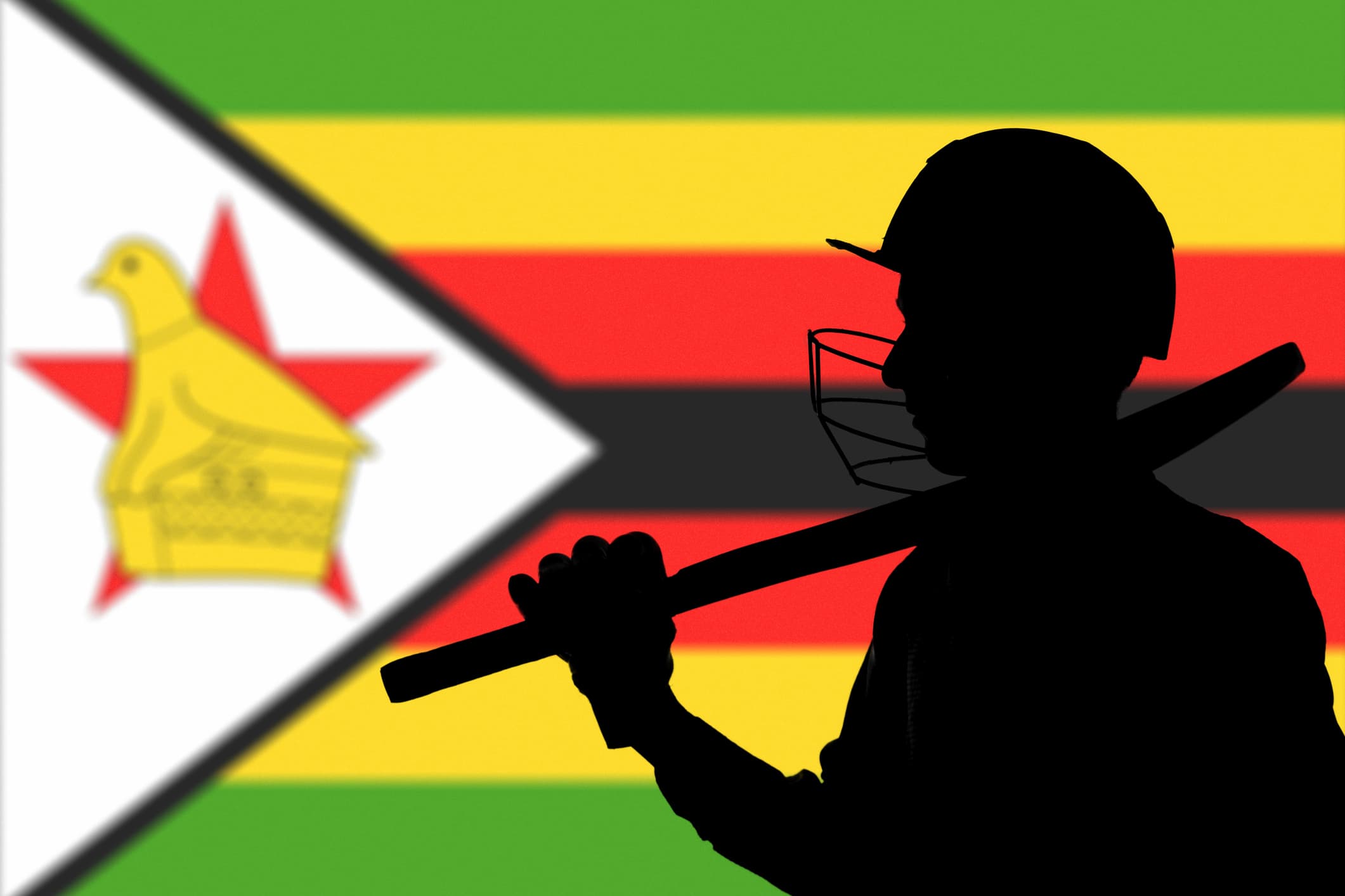Cricketer silhouette on Zimbabwe blurred flag background