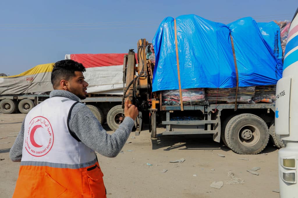 Humanitarian aid trucks at Rafah Border Crossing